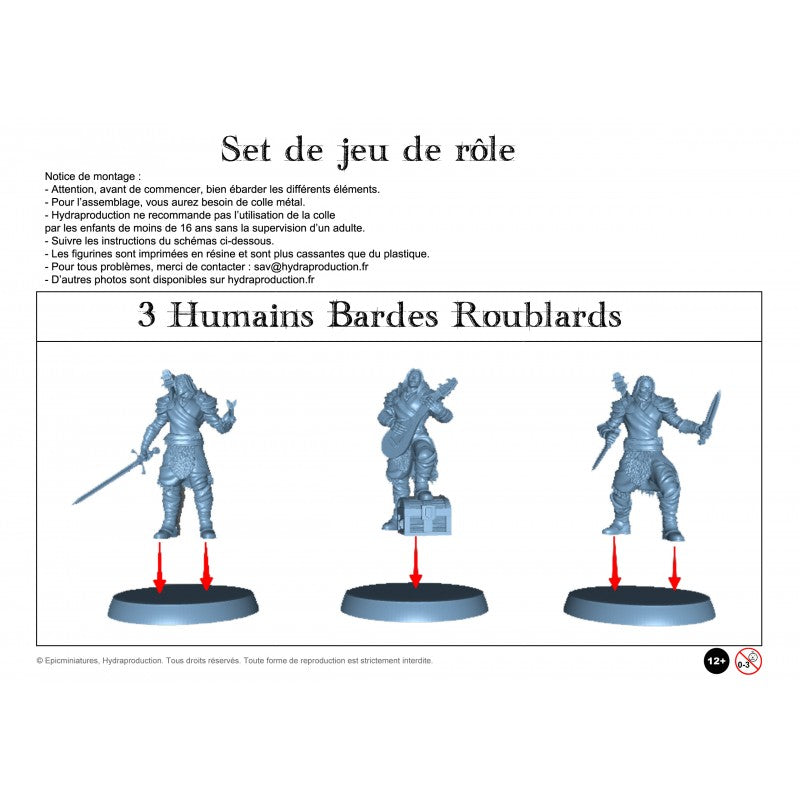 Figurines JdR à peindre - Set de jeu de rôles : 3 Humains Bardes Roublards
