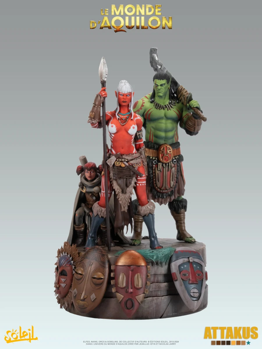 Le diorama des masques Lea’Saa, Irinild & Turuk ‘Masque’ sur leur socle décor